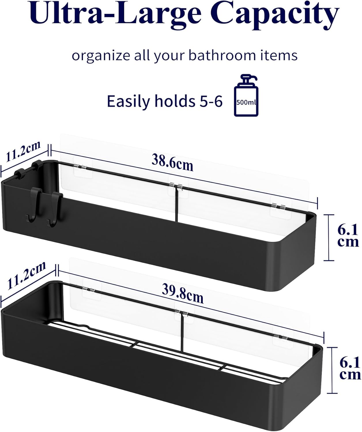Kitsure Large Shower Caddy - 2 Pack Adhesive Shower Organizer, Drill-Free Shower Shelves for Inside Shower, Rustproof Bathroom Shelf Shower Shelf for Bathroom, Black