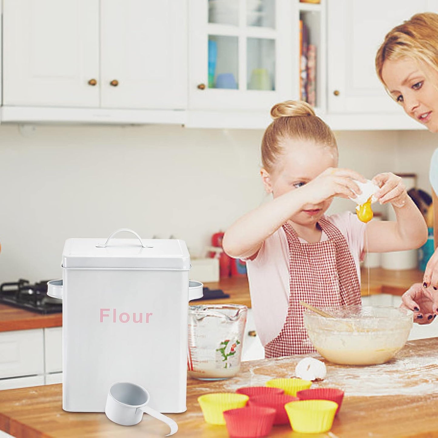 YOUEON 10 Lbs Metal Rice Storage Container, Square Rice Canister with Lid and Measuring Scoop, Countertop Sealed Food Storage Container for Cereal, Beans, Pet Food, White