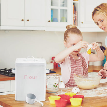 YOUEON 10 Lbs Metal Rice Storage Container, Square Rice Canister with Lid and Measuring Scoop, Countertop Sealed Food Storage Container for Cereal, Beans, Pet Food, White