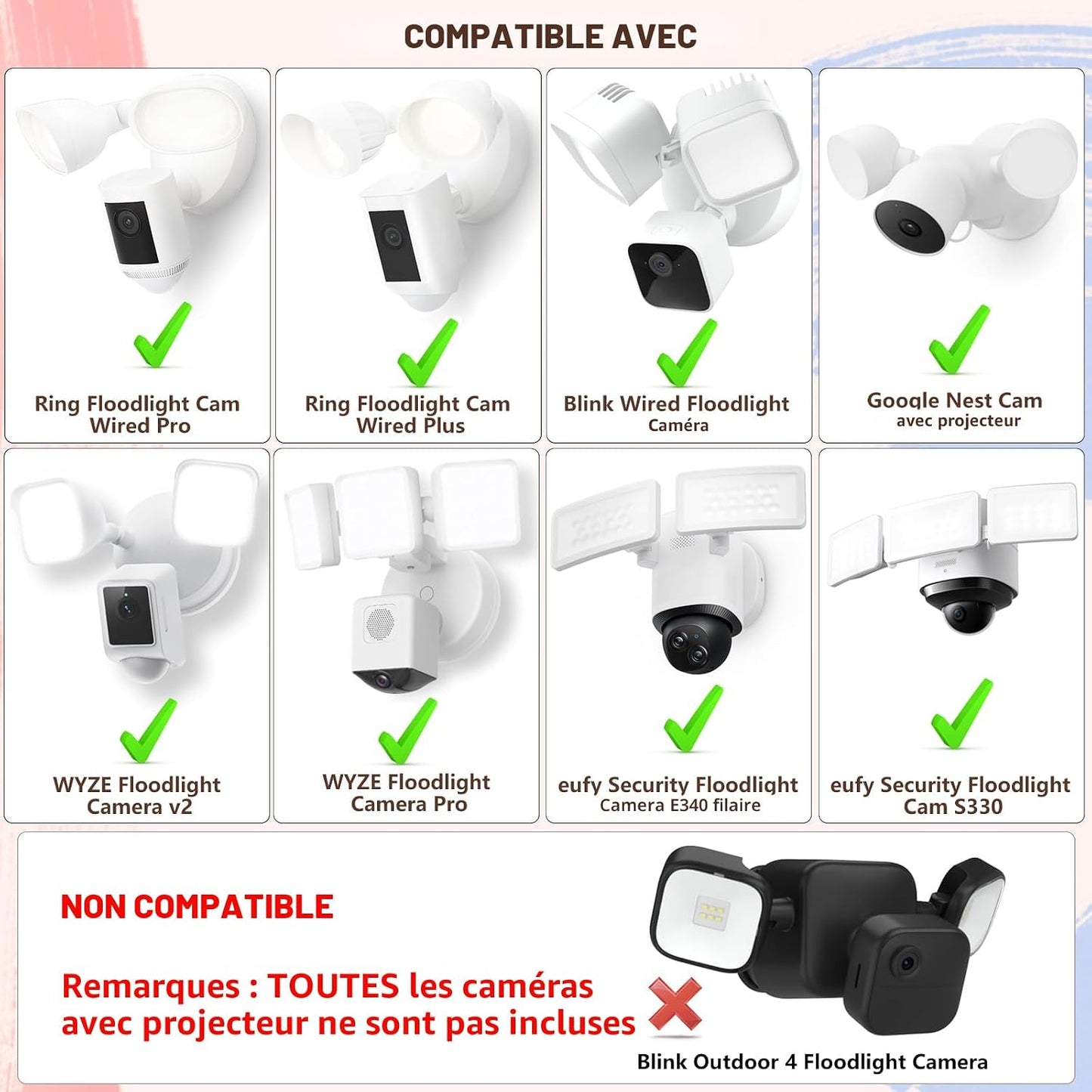 Câble d'alimentation et support enfichable pour caméras de projecteur compatibles avec Floodlight Cam Wired Pro/Plus, caméra de projecteur filaire Blink, boîtier électrique avec câble résistant aux intempéries de 6,1 m (support et cordon 2 en 1)