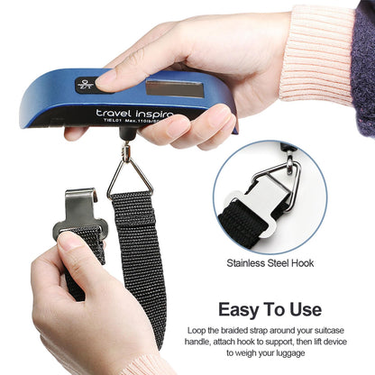 travel inspira Luggage Scale, Portable Digital Hanging Baggage Scale for Travel, Suitcase Weight Scale with Rubber Paint, 110 Pounds, Battery Included - Blue