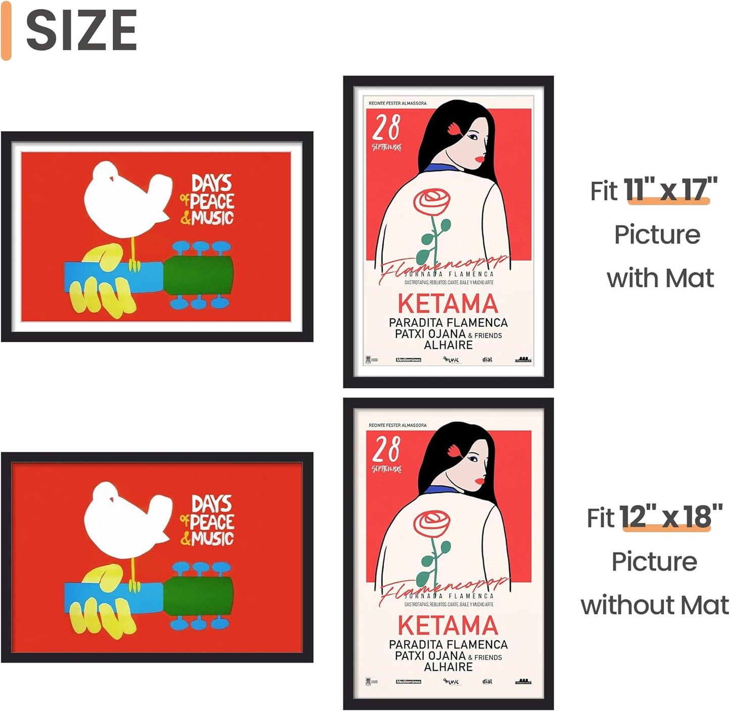 upsimples 11x14 Picture Frame, Display Pictures 8x10 with Mat or 11x14 Without Mat, Wall Hanging Photo Frames, Black