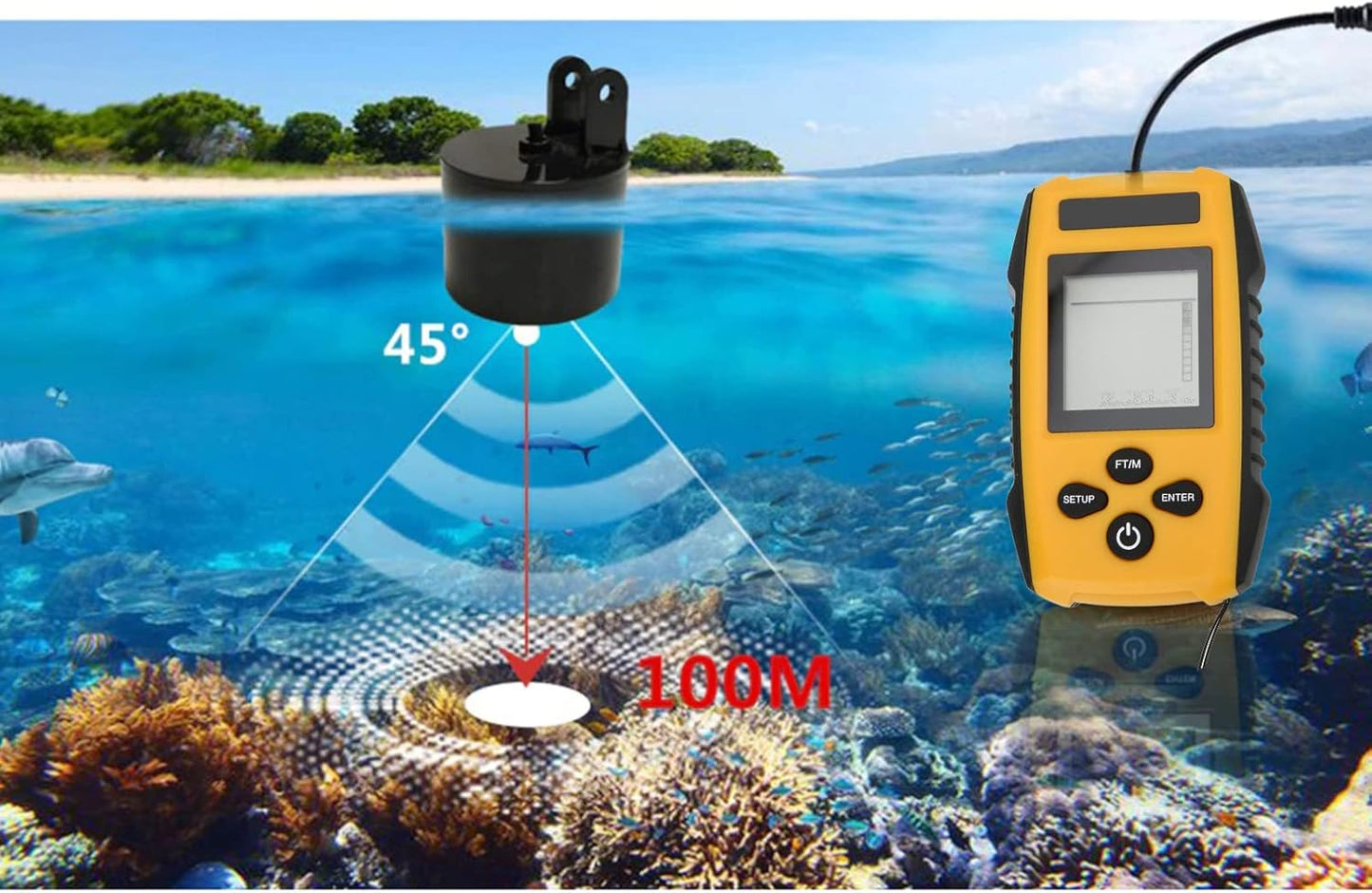 Fafeicy Sonar Fish Finder, Fish Detector, Wired Depth Finder with HD LCD Display, for Boat Fishing Kayak Saltwater