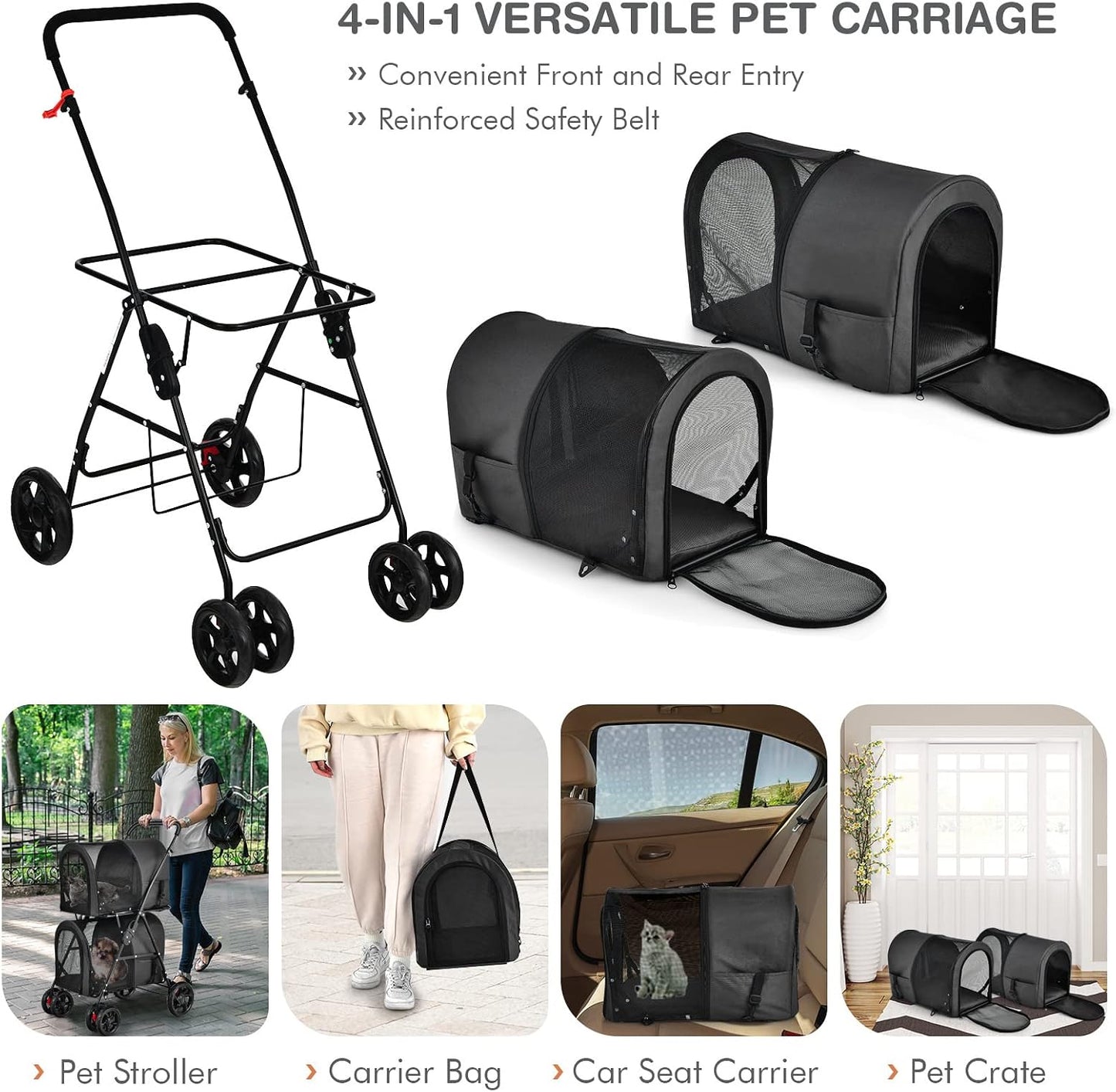 Giantex Double Pet Carrier with 2 Detachable Bags, Safety Belt, 4 Lockable Wheels, Cat & Dog Stroller, Folding Travel Carrier for Small & Medium Pets (Black)