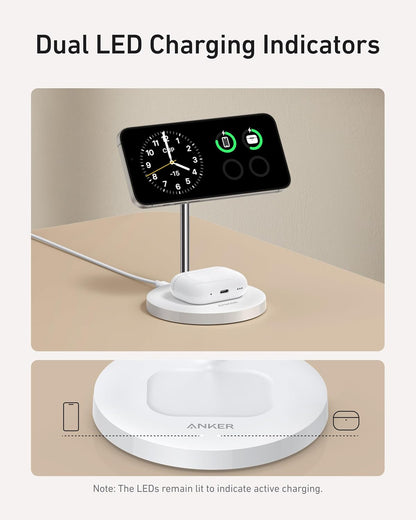 Anker MagSafe Compatible MagGo Charger Stand, iPhone 16 Wireless Charger, 2-in-1 Charging Station, Qi2 Certified 15W Max Charging, for iPhone 16/15/14/13/12, AirPods Pro (White, with 40W Adapter)