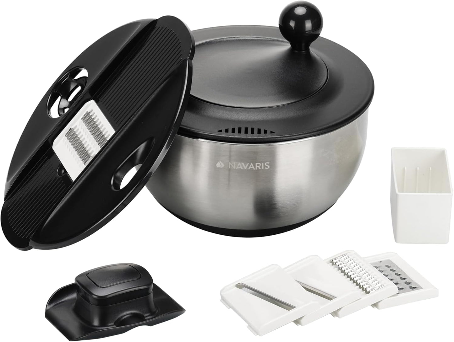 Navaris Salad Spinner with Lid - Salad Spinner Stainless Steel - Salad Dryer - Easy Washing, Drying and Spinning - Includes Grating and Slicing Discs