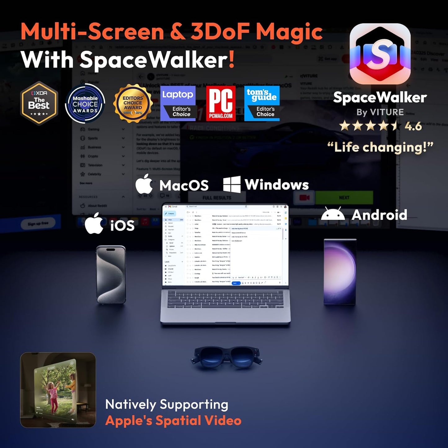 VITURE Pro XR/AR Glasses — 135" 120Hz 1000Nits UltraClarity Display, Harman Audio, Myopia Adjustments, Electrochromic Film, Video Glasses for iPhone 16/15/Android/Mac/PC/Steam Deck/Gaming Consoles