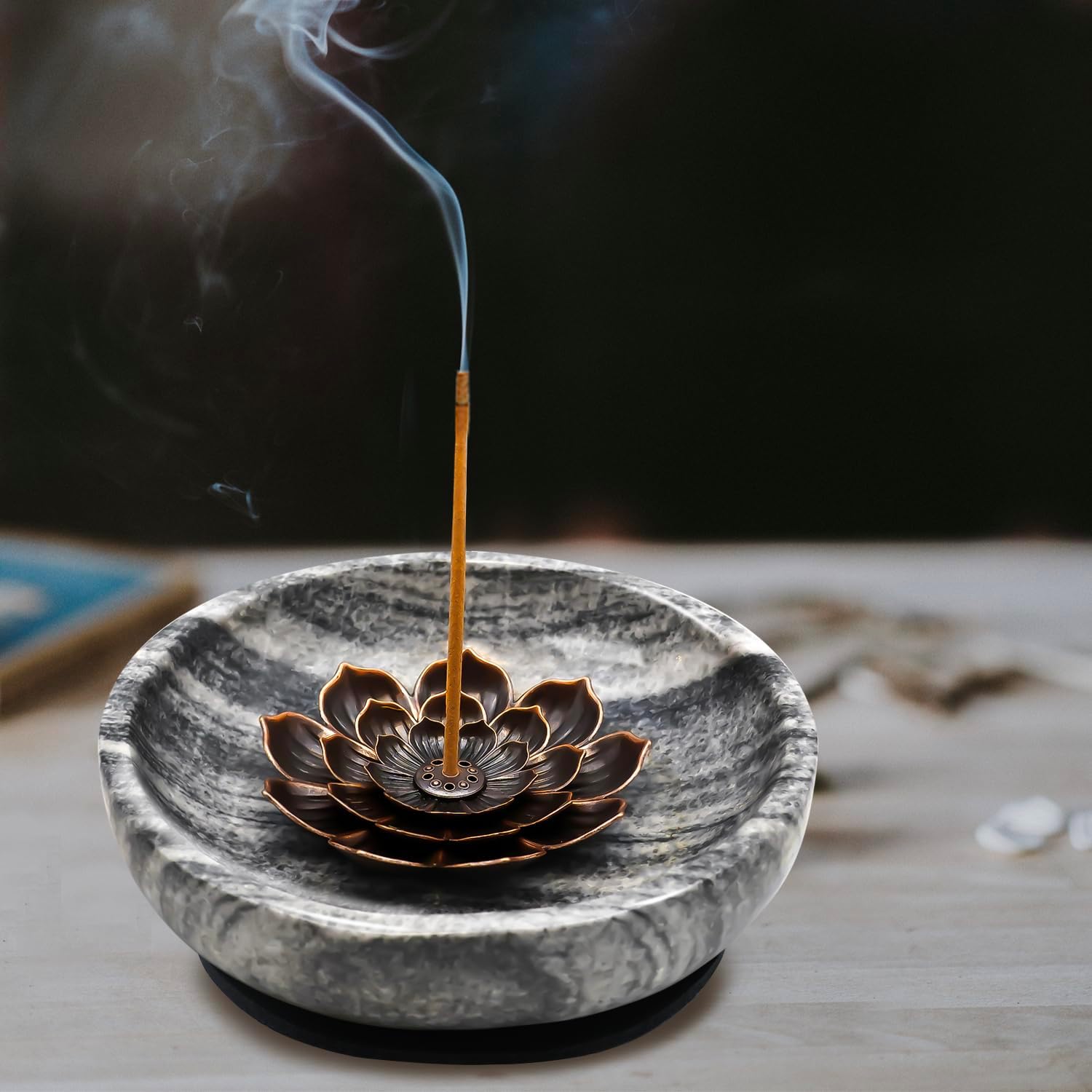 Super Large Handmade Marble Incense Holder for Sticks and Cones – 9-Hole Multi-Functional Incense Burner, Heavy Natural Stone Home Decor, 5.91 Inch Round Design - PuriLite