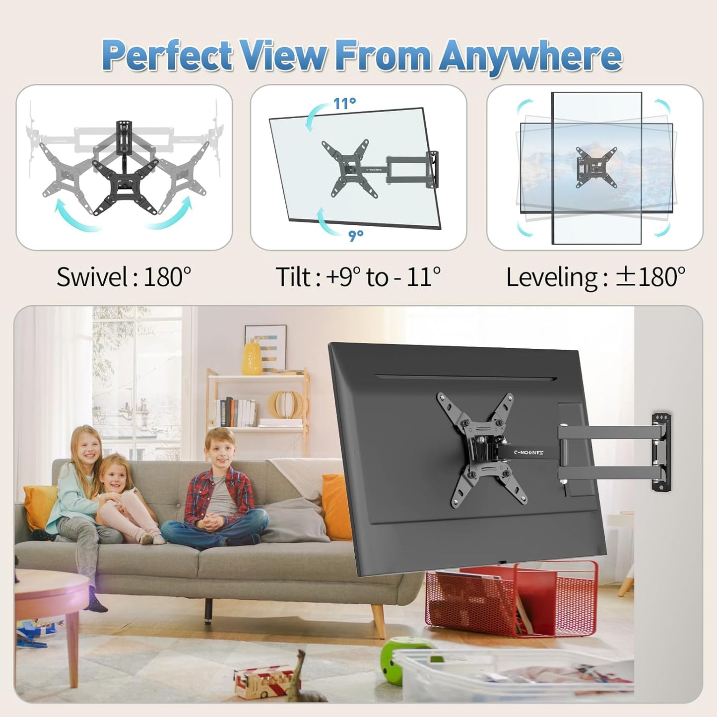 Full Motion Articulating TV Wall Mount Bracket with Swivel Tilt Extension & Rotation, Adjustable Arms for 13-42 Inch Flat/Curved LED LCD TVs & Monitors, Max 44lbs VESA 200x200mm