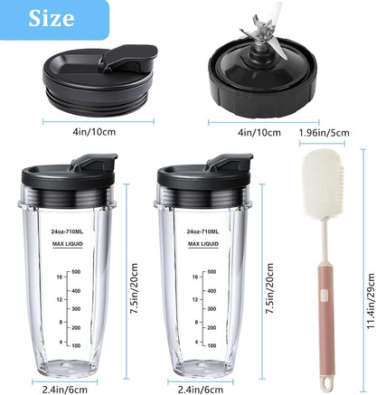 6 Pack Ninja Blender Cups Replacement and 7Fins Blade Replacement 24oz Ninja Cups for Blender & Blade with Cleaning Brush Compatible Nutri Ninja Auto iQ BN801 BL480 BL640 BL642 NN100 BL2012