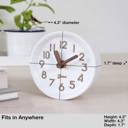 Driini Wooden Analog Desktop Clock – 4.3 in. Decorative Pinewood Clock, No-Tick Design – Easy to Read Silent Sweep Mantle Clock – Quiet Tabletop Clocks with Wood Body, Hands, & Battery Cover; White