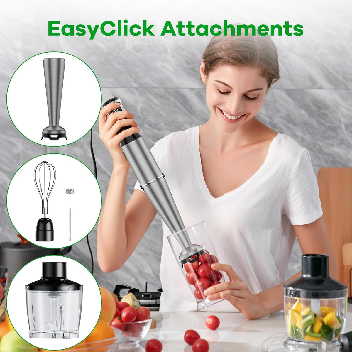 Turelar Immersion Blender Handheld Corded, 1100W 5 in 1 Hand Blender Set Trigger Variable Speed, Emulsion Stick Mixer with Food Processor, Whisk, Frother, for Soup, Puree, Baby Food, Anti-scratch