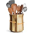 Wooden Utensil Holder | Rotating Utensil Organizer | Kitchen Counter Storage Crock | Farmhouse Countertop Decor | Cooking Utensil Stand - PuriLite