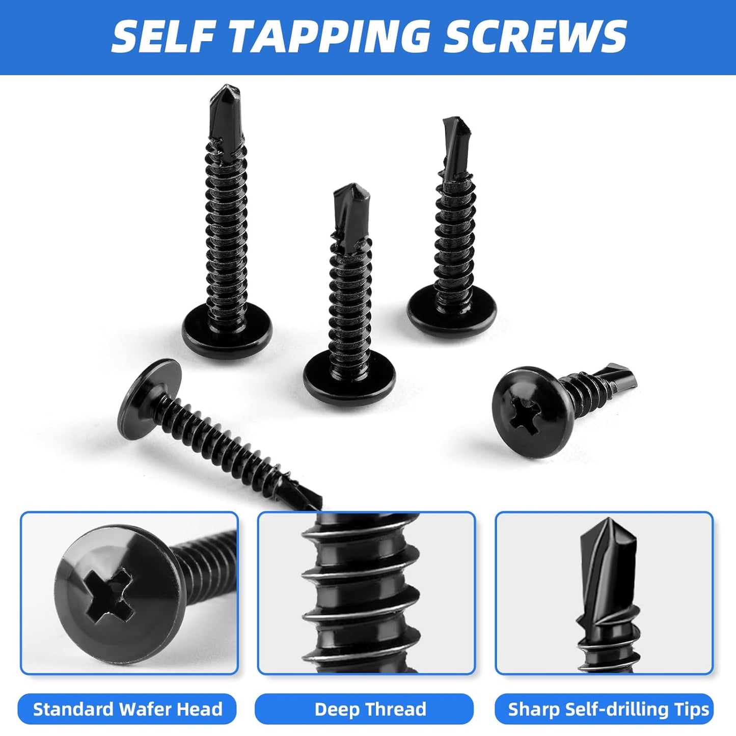Besitu 400PCS Self Tapping Screws, 410 Stainless Steel Self Drilling Screws #8#10 Black Oxide Sheet Metal Screws, Length 1/2" to 1-1/4'', Truss Head Wood Screws Assortment for Metal, Plastic and RV