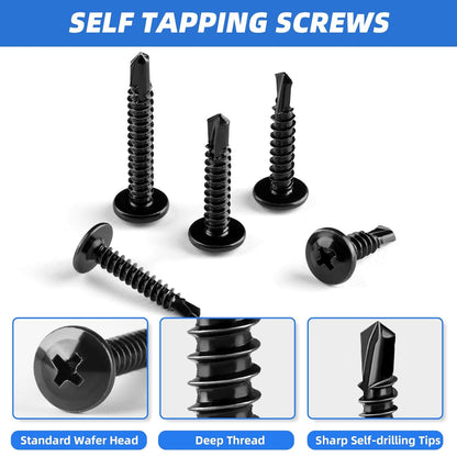 Besitu 400PCS Self Tapping Screws, 410 Stainless Steel Self Drilling Screws #8#10 Black Oxide Sheet Metal Screws, Length 1/2" to 1-1/4'', Truss Head Wood Screws Assortment for Metal, Plastic and RV
