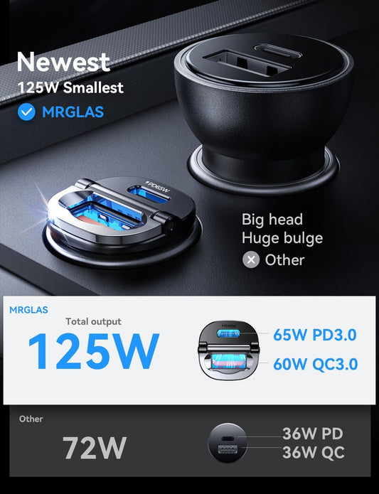 【Upgraded】 125W Car Charger USB C Super Fast Charging, [PD65W & QC60W][All Metal] MRGLAS Cigarette Lighter Car Charger, Car Accessories for iPhone 17 16 Pro Max Air iPad Samsung S25 Pixel 10 - PuriLite