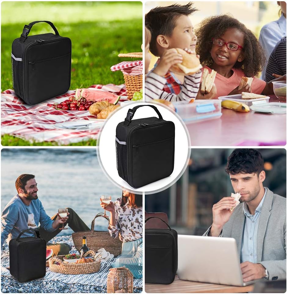 Insulated Lunch Bag, Leakproof Portable Lunch Box for Women Men Boys Girls, Large Capacity Cooler Bag with Handle and Bottle Pocket for Office School Camping Hiking Outdoor Beach Picnic (Black)
