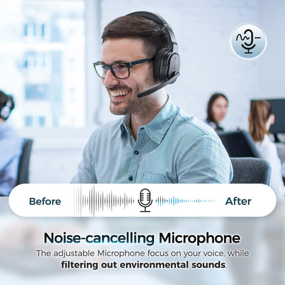 Trucker Bluetooth Headset, Wireless Headsets with Noise Cancelling Microphone, 40+Hrs HD Talktime Bluetooth Headphones with Detachable Earpad/Single+Dual Mode for Office/Driving/Home