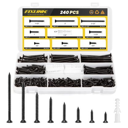 Wood Screws Assortment Kit, FIXLINK 240 PCS High Hardness Flat Head Wood Screws Set, Phillips Drive Screws, Contain 15PC Drywall Anchor and 8 Size (2-1/2”,2”,1-1/2”,1-1/4”,1”,3/4”,5/8”,1/2”), Black