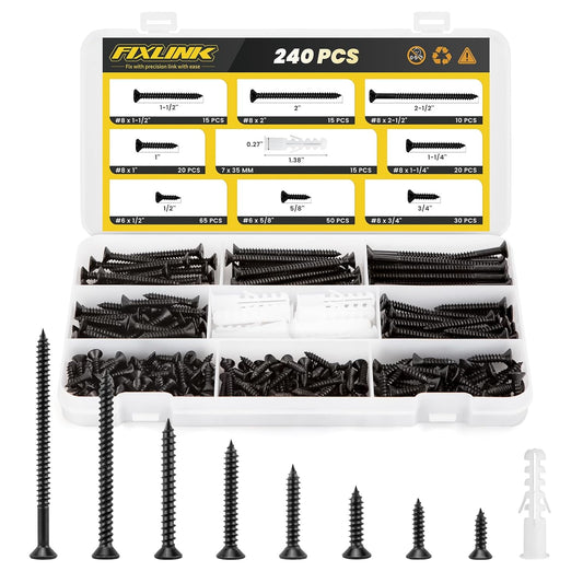 Wood Screws Assortment Kit, FIXLINK 240 PCS High Hardness Flat Head Wood Screws Set, Phillips Drive Screws, Contain 15PC Drywall Anchor and 8 Size (2-1/2”,2”,1-1/2”,1-1/4”,1”,3/4”,5/8”,1/2”), Black