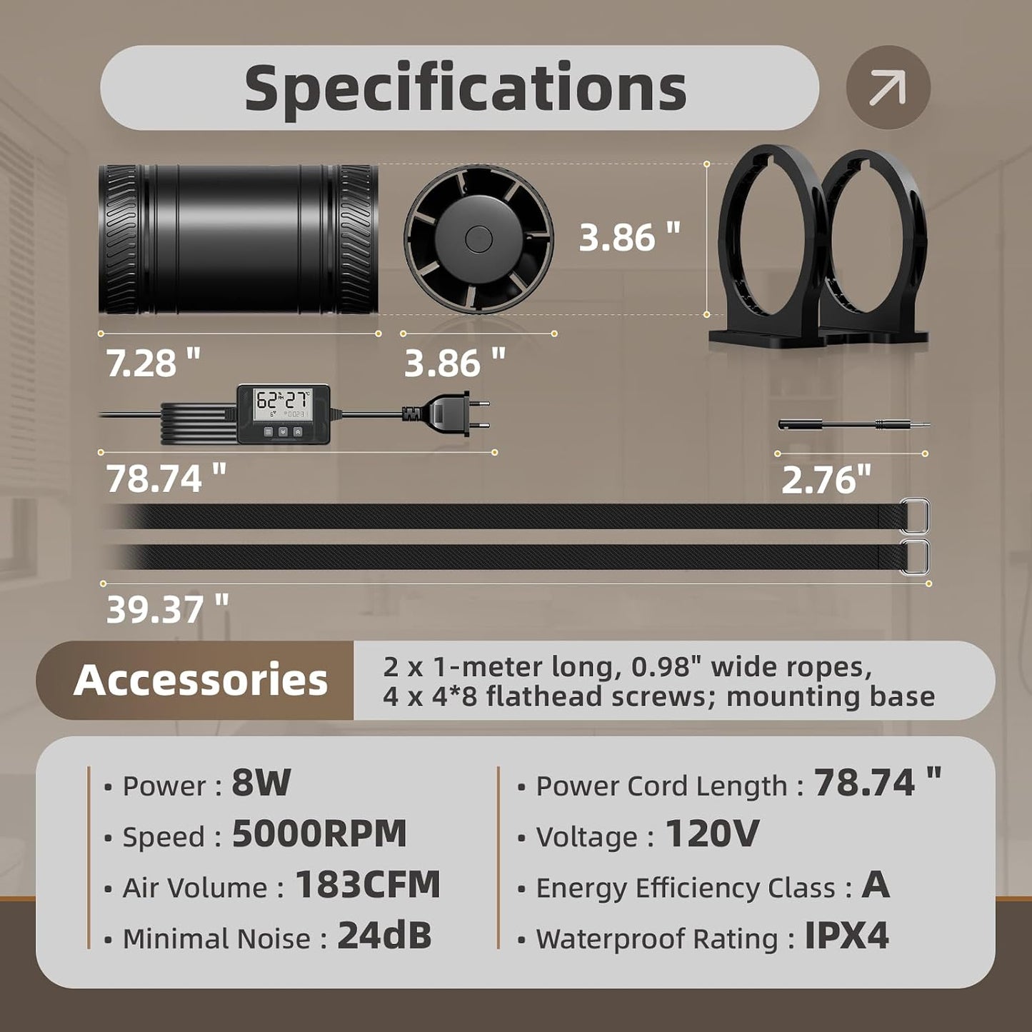 4-Inch Inline Duct Booster Fan | Temperature & Humidity Sensor with Remote Control