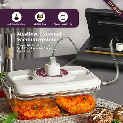 Mesliese 6-in-1 Vacuum Sealer, 2 Bag Rolls & 5 Pre-cut Bags, Dry/Moist Modes | Gray, 90kPa Compact Vacuum Food Sealing Machine, Smart Suction, Stainless Steel Panel, External Vacuum for Jars, Cutter