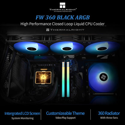Thermalright FW 360 Black ARGB-360mm AIO CPU Liquid Cooler,IPS LCD Screen with 320 * 240 Resolution,for AM5/Intel LGA1700,‘2.4 inch’Magnet-Absorbent LCD Screen for Images -Black