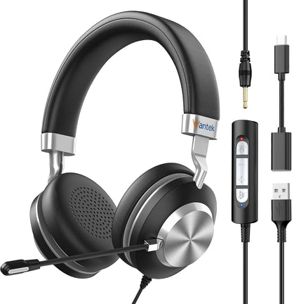 Wantek USB Headset with Microphone for PC, On-Ear Headphones - Computer Laptop Wired Headset with Mic Noise Cancellation & Volume Control for Work Home Office Online Classroom Zoom Skype