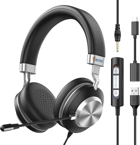 Wantek USB Headset with Microphone for PC, On-Ear Headphones - Computer Laptop Wired Headset with Mic Noise Cancellation & Volume Control for Work Home Office Online Classroom Zoom Skype - PuriLite