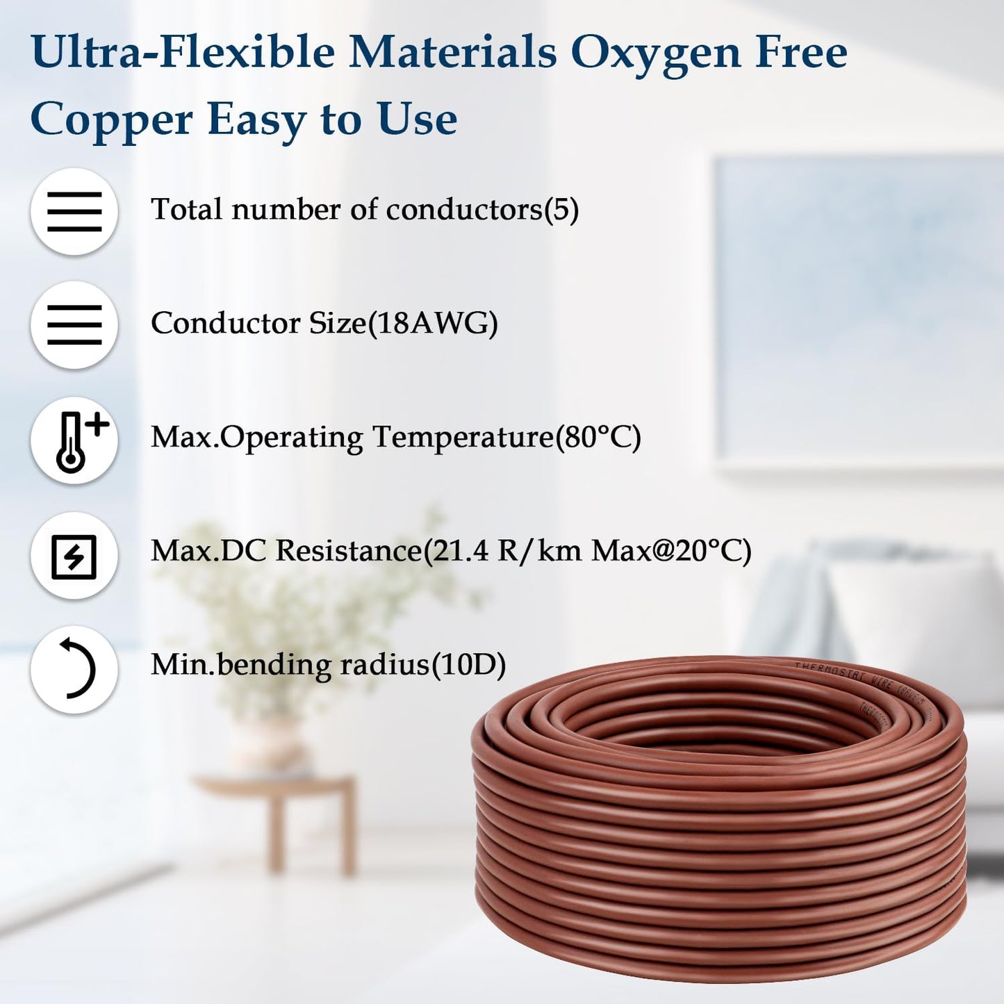 XRDS -RF 18/5 Thermostat Wire - 75 Feet, 5 Conductor Thermostat Cable for HVAC Heating and Cooling - 18 AWG Copper Wire