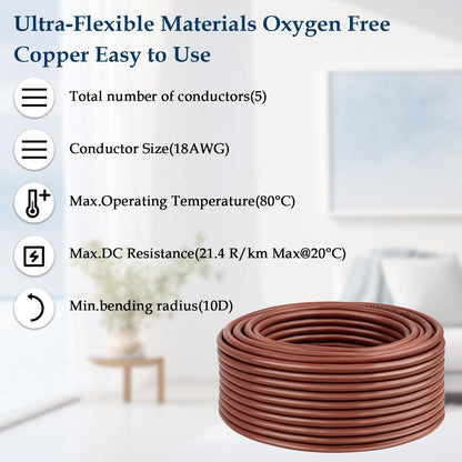 XRDS -RF 18/5 Thermostat Wire - 75 Feet, 5 Conductor Thermostat Cable for HVAC Heating and Cooling - 18 AWG Copper Wire