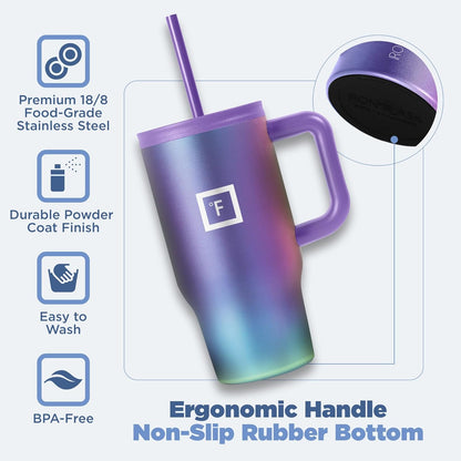 Insulated Tumbler with Straw Lid & Handle - 32oz (2 Lids) - Vacuum Leakproof Double Walled Stainless Steel Travel Mug Cup for Coffee Tea Water Hold Cold Iced Drinks - Fits Car Cup Holder