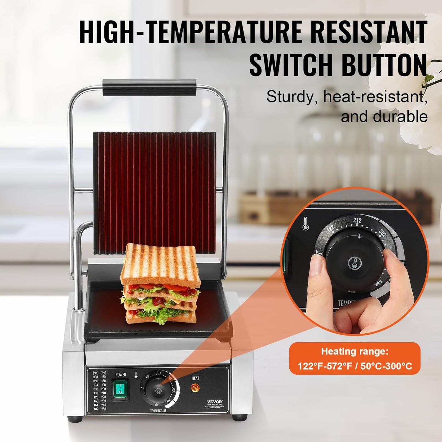 VEVOR 7 IN 1 Electric Contact Grill,1800W Indoor Panini Press Griddle,Stainless Steel Teppanyaki Grill with Nonstick&Removable Iron Plate, 0-446℉ Adjustable Temp Control,LCD Display,110V