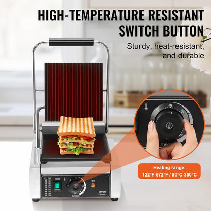 VEVOR 7 IN 1 Electric Contact Grill,1800W Indoor Panini Press Griddle,Stainless Steel Teppanyaki Grill with Nonstick&Removable Iron Plate, 0-446℉ Adjustable Temp Control,LCD Display,110V