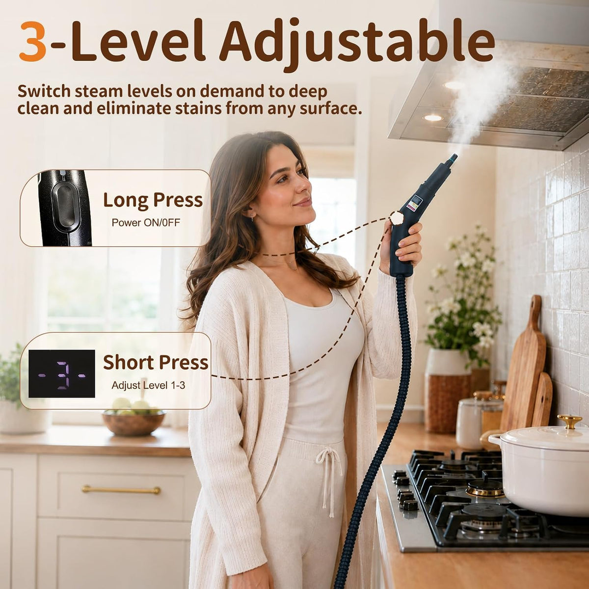 Steam Cleaner Handheld 3Level Adjustable Handle 15s Heat-Up 1.8L Large Tank