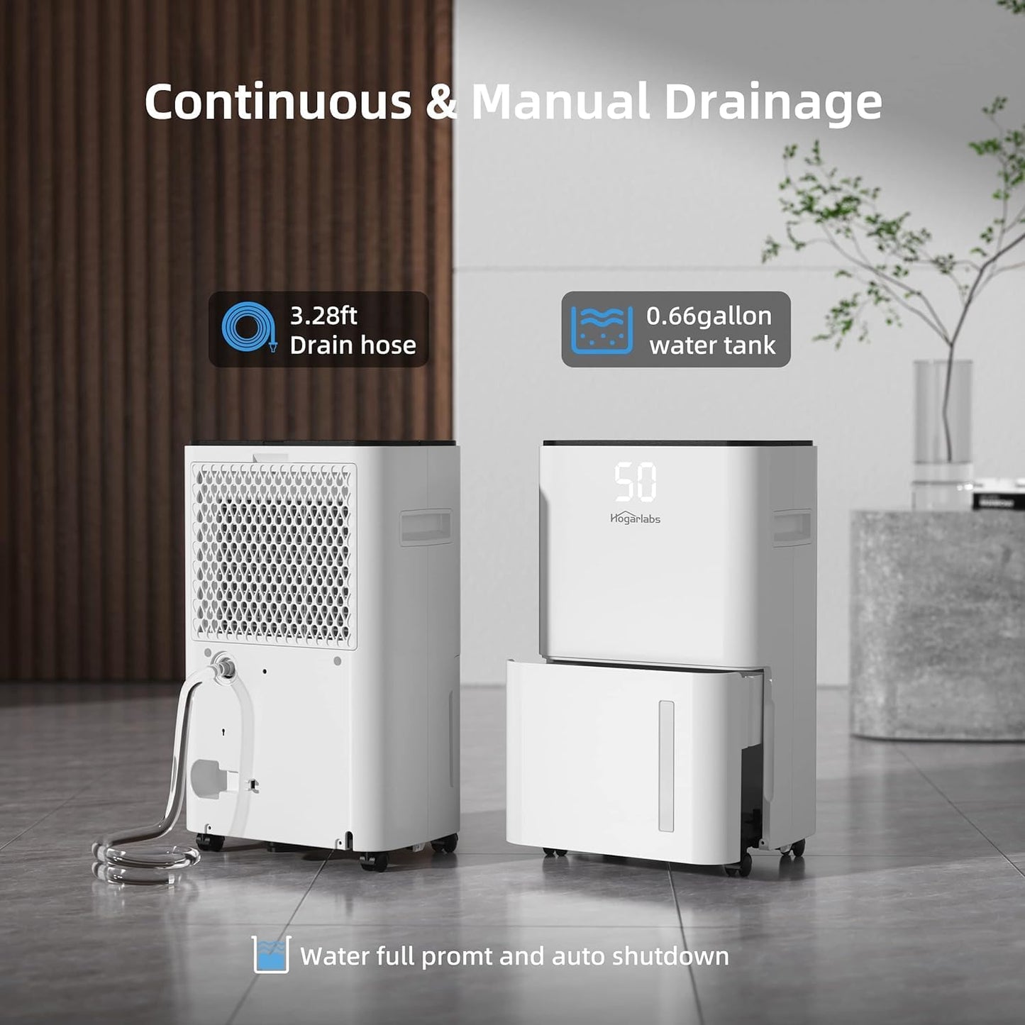 HOGARLABS 32 Pints Home Dehumidifier for Basement Continuous Dehumidify, Intelligent Humidity Control,Smart Dehumidifier with Drain Hose for Liveroom, Bedroom & Bathroom.