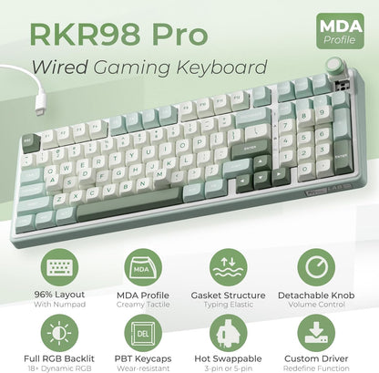 RK ROYAL KLUDGE R98 Pro Mechanical Gaming Keyboard, 96% Wired Creamy Keyboard RGB Backlit with Number Pad and Volume Knob, Gasket Mount, MDA Profile PBT Keycaps, Hot Swappable Pre-lubed Tactile Switch