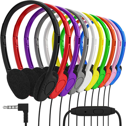 Maeline Bulk On Ear Student Headphones with Microphone for Library, School, Classroom, Airplane, Kids Online Learning and Travel, 3.5 mm Headphone Plug - 1000 Pack - Multi Color