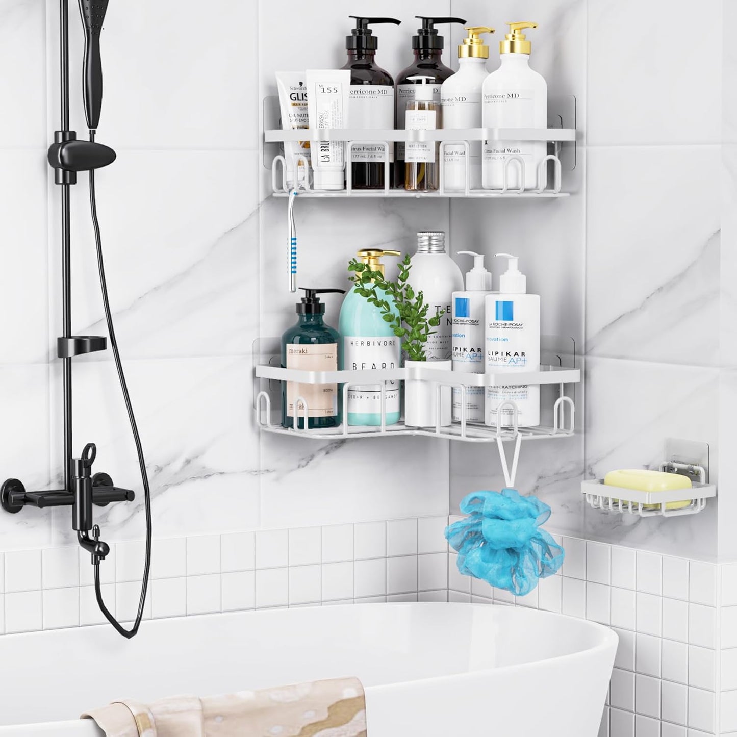 MOFOROCO 3-Pack Shower Caddy Corner Basket Shelf with Soap Holder, No Drilling Traceless Adhesive Shower Wall Shelves, Black Bathroom Shower Storage Organizer（ for 90-Degree Right-Angle Walls）