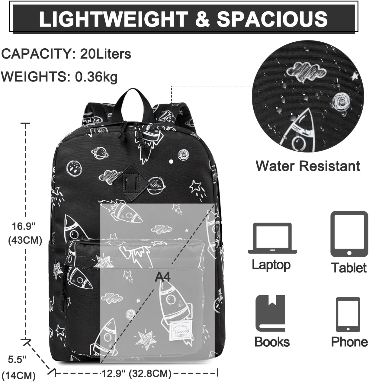 School Backpack for Kids, VASCHY Lightweight Water Resistant Casual Schoolbag Daypack for Men Women Teen Boys Girl Bookbag