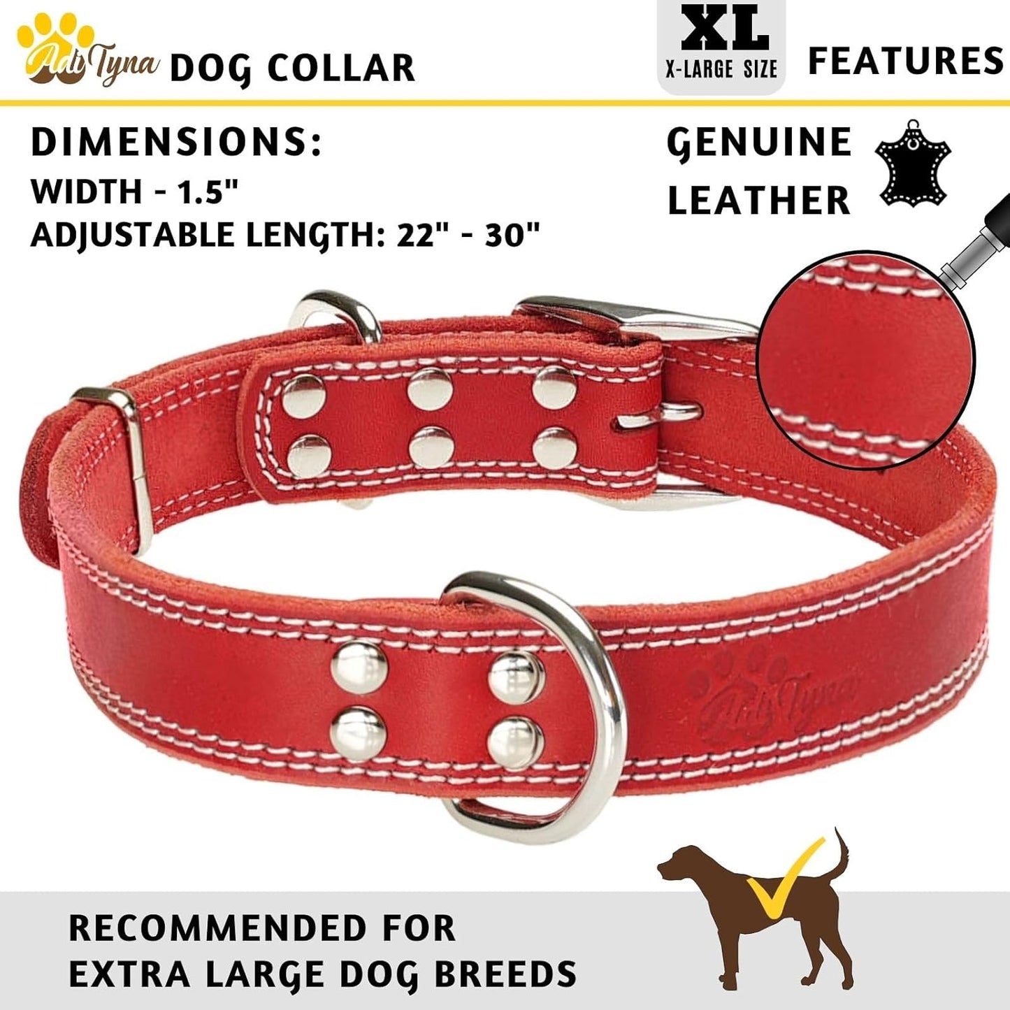 ADITYNA Heavy-Duty Leather Dog Collar for Medium Dogs - Soft and Strong, 100% Genuine Leather - Collier Pour Chien (Medium: Fit 13" - 20" Neck, Brown)