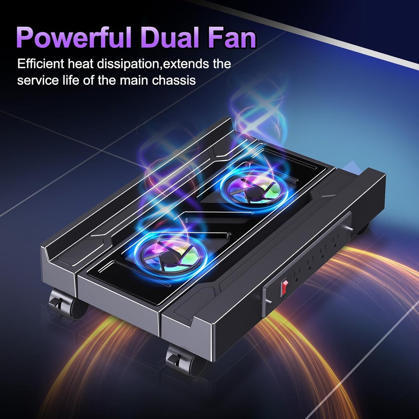 Computer Tower Stand with Charging Station, Cooler Fan and Light, Adjustable PC Stand for Floor, Mobile CPU Stand with 4 Caster Wheels, Under Desk CPU Holder Fits Most PC Tower