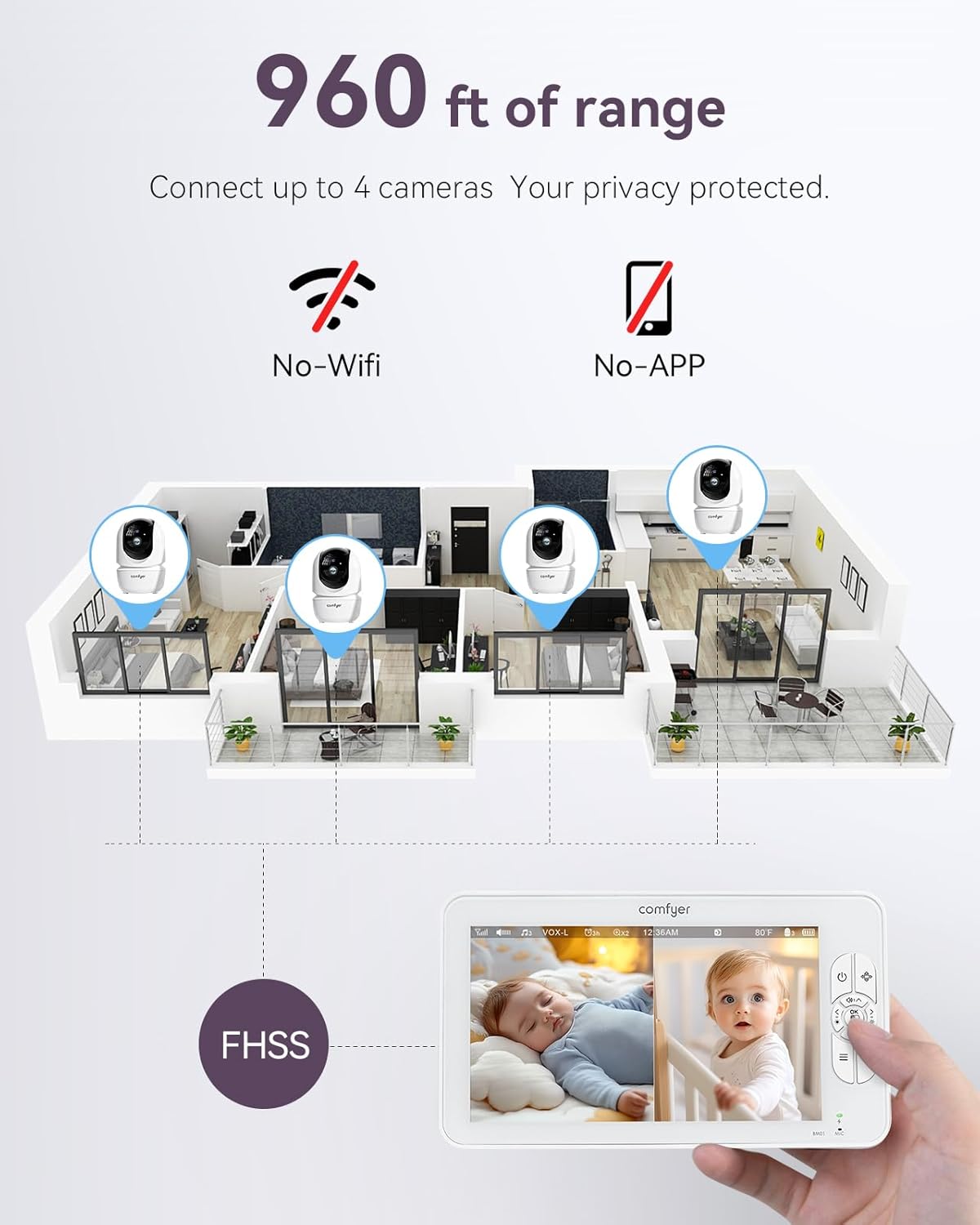 Comfyer 7" HD Split-Screen Baby Monitor with 2 Cameras, Video Baby Monitor with Camera and Audio, Flexible Bracket, Non-WiFi, VOX Mode, 2 Way Audio, Remote PTZ, Auto Night Vision