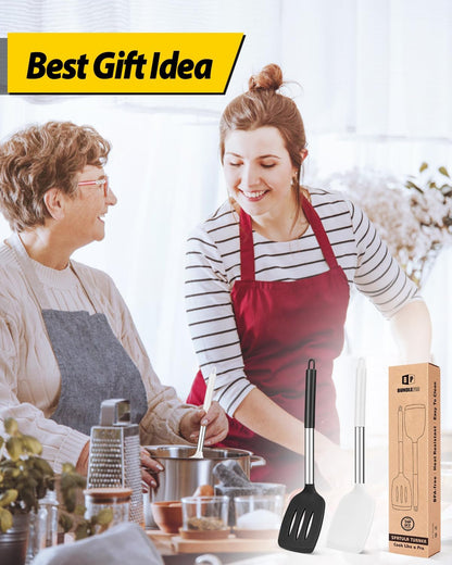 Pack of 2 Silicone Slotted Spatula,Non Stick Solid Kitchen Turner, High Heat Resistant BPA Free Cooking Utensils for Fish, Eggs, Pancakes（Black