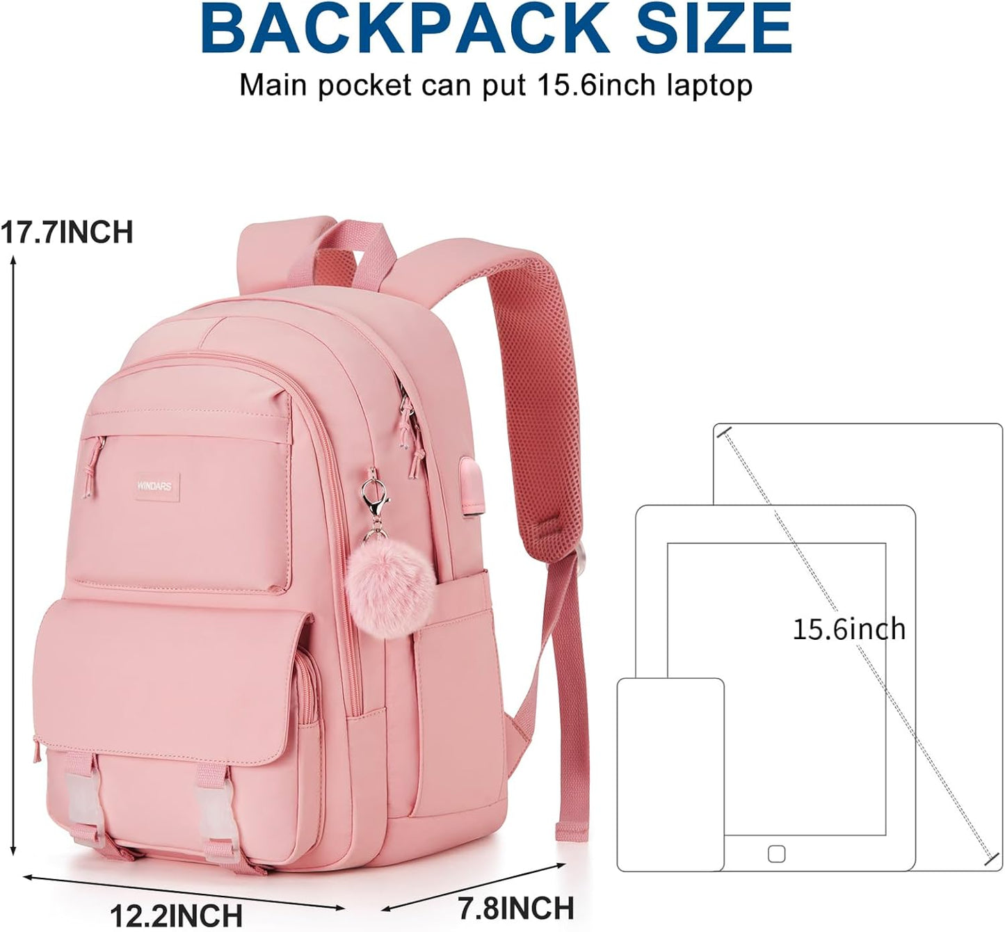 WINDARS Backpacks for Girls, 15.6 Inch School Bag Cute Waterproof laptop Bookbag Large College Backpack for Teen Women Students Anti Theft Travel Daypack Black