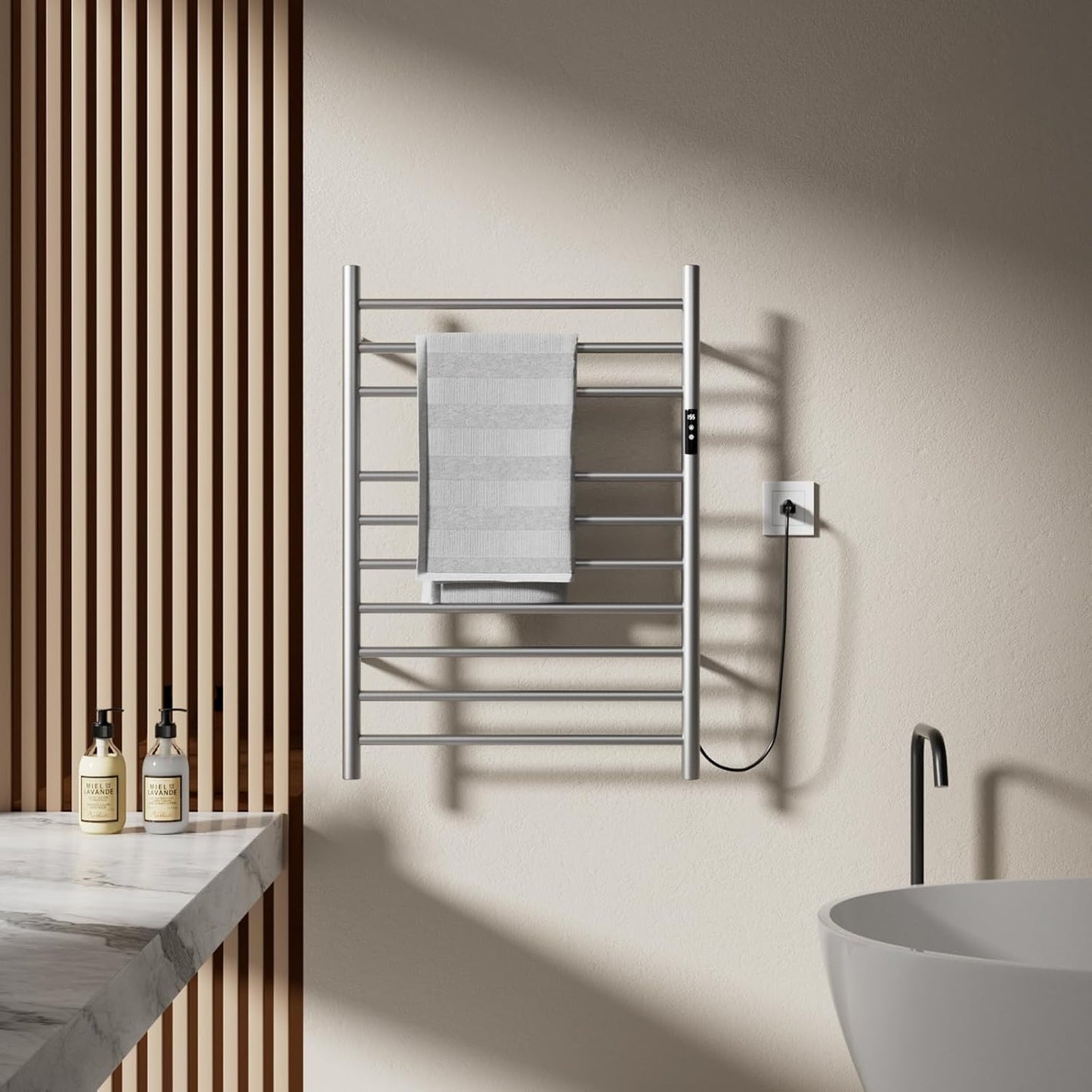 POPFLY Heated Towel Rack, Wall Mounted Electric Hot Towel Warmer, 4-Bar 304 Stainless Steel Small Heated Towel Warmer Rack for Bathroom with Timer and Temperature Control, Brushed