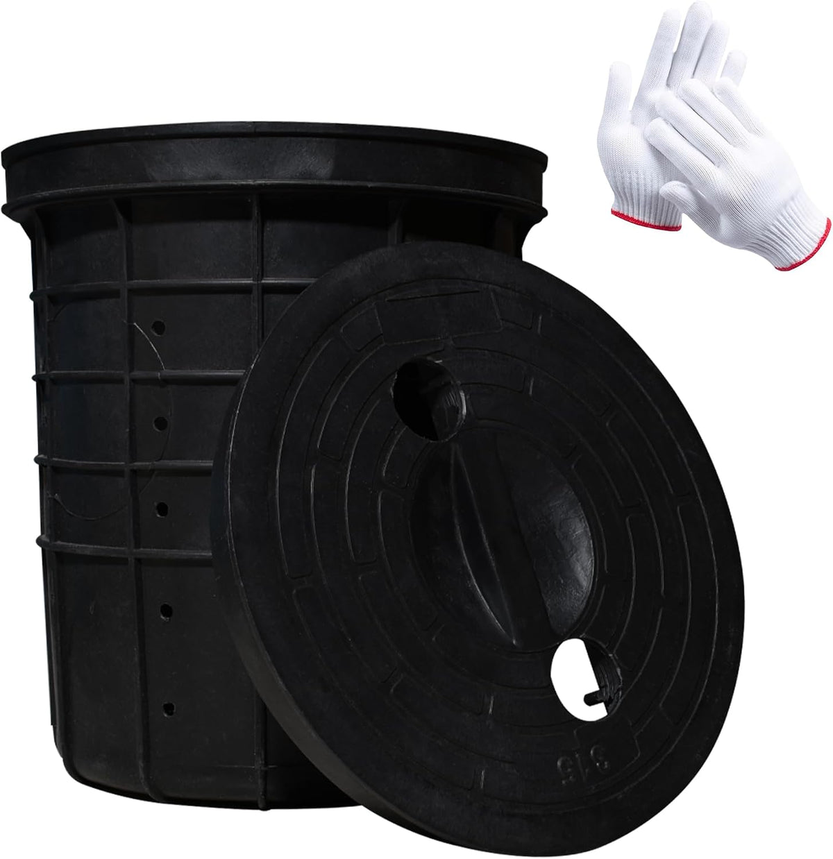Perforated Sump Pump Basin with Lid, 18.5x16.9x15.7 Inch Heavy-Duty Perforated Sump Pump Bucket, 42 Drainage Holes,Suitable for Yard, Patio Driveway Drainage(Black) (18.5 x 16.9 x 15.7 Inch)