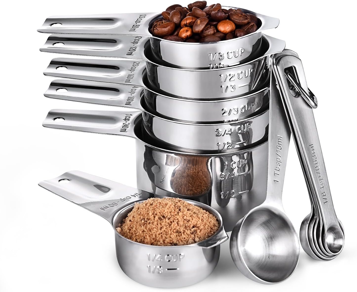 Measuring Cups, U-Taste Measuring Cups and Spoons Set of 15 in 18/8 Stainless Steel : 7 Measuring Cups and 7 Measuring Spoons with 2 D-Rings and 1 Professional Magnetic Measurement Conversion Chart