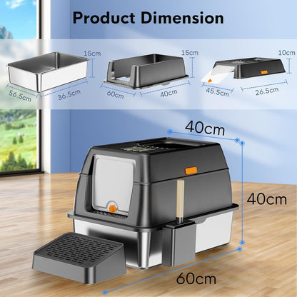 TENTIZON Stainless Steel Cat Litter Box, Extra Large Enclosed Kitty Litter Box with Removable Lid, Scoop, Pedal, XL High Sided Metal Litter Pan for Kitten, Big Cats Up to 11KG