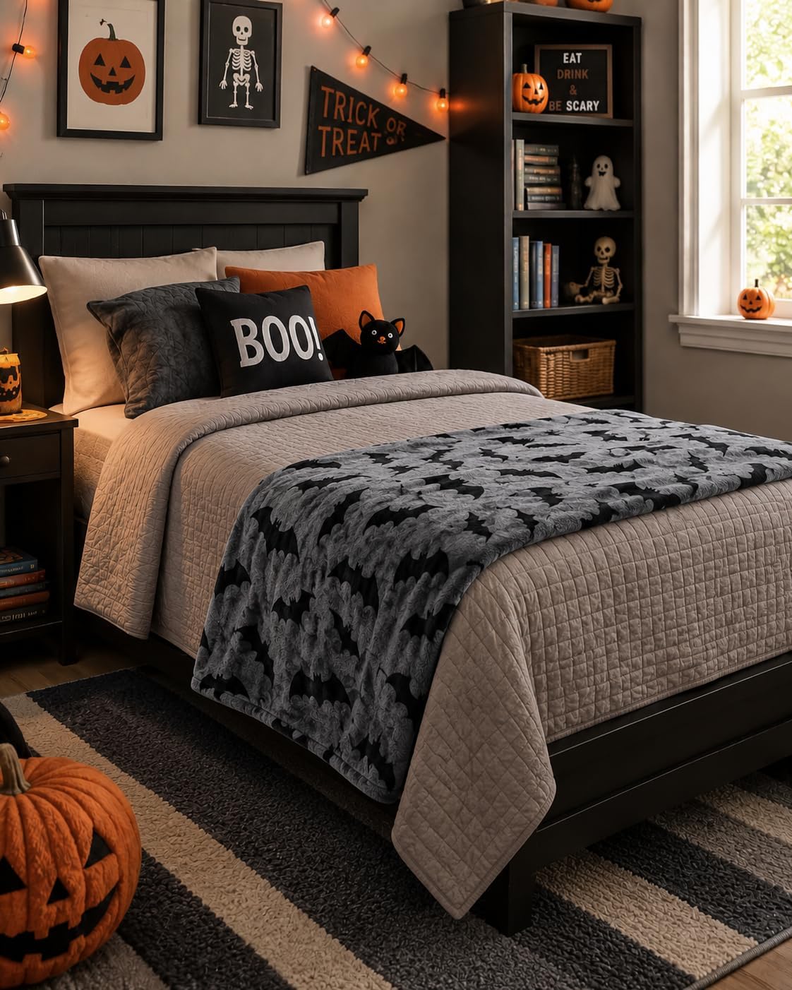 Halloween Fleece Throw Blanket, Black Bats on Gray, 50"x70" Oversized